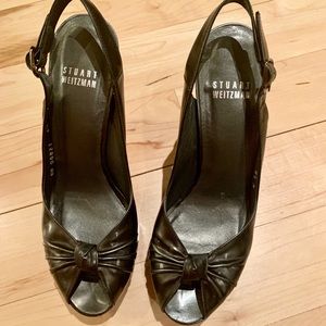Stuart Weitzman Gunmetal Open Toe Slingbacks